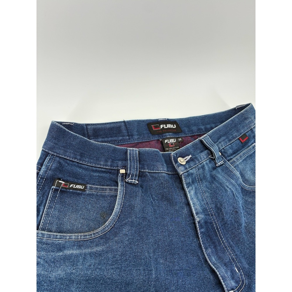 VNTG Y2K FUBU The Collection Denim Cargo Shorts Mens 36 Blue Baggy 90s Hip Hop
